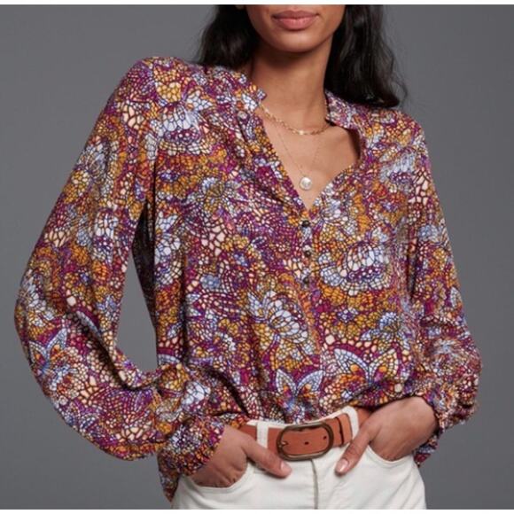 Maeve by Anthropology Peasant Bohemian Blouse Balloon Sleeves Orange Floral Sz L - Picture 2 of 10